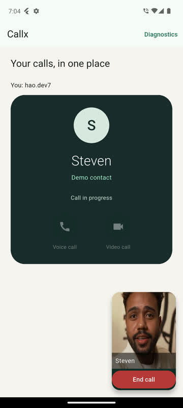 Live in-app mini-call floating over the Home screen